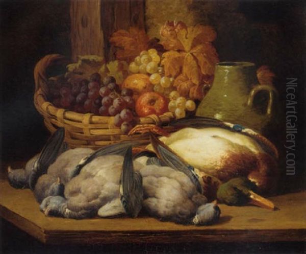 Dead Game, Grapes And Apples In A Wicker Basket, And A Green Ceramic Pot, On A Wooden Table Oil Painting by William Duffield