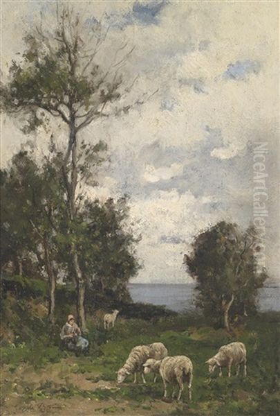 Landschaft Mit Schafen Oil Painting by Camille Emile Dufour