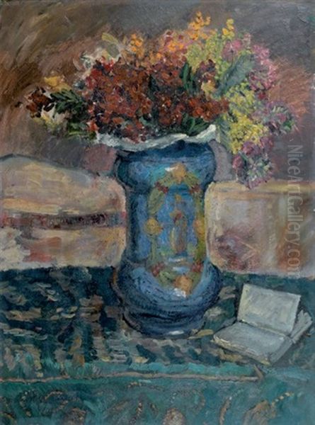 Bouquet De Fleurs Sur Une Table Oil Painting by Georges Dufrenoy