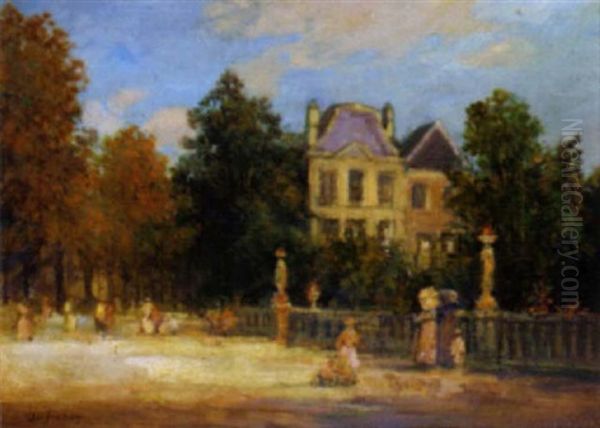 Elegant Figures Before A French Chateau Oil Painting by Georges Dufrenoy