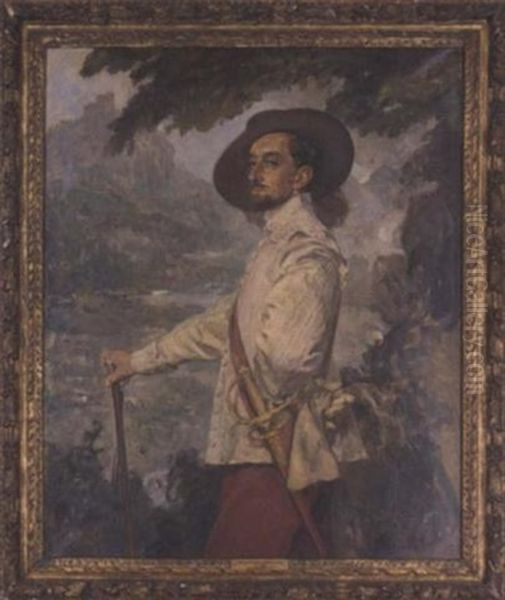 Portrait Of A Gentleman In A White Doublet And Red Breeches, In A Landscape Oil Painting by Thomas Cantrell Dugdale