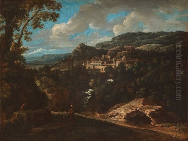 An Extensive Landscape With A Town Beside A Waterfall Oil Painting by Gaspard Dughet