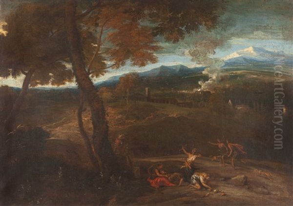 Arcadian Landscape With Diana And Her Followers Hunting Oil Painting by Gaspard Dughet