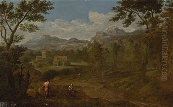 An Italianate Landscape With Two Figures Resting On Rocks In The Foreground And Mountains Beyond Oil Painting by Gaspard Dughet