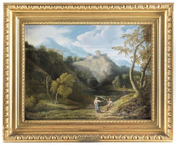 Burgen In Den Colli Albani? Mit Gewasser Und Figurenstaffage Oil Painting by Gaspard Dughet