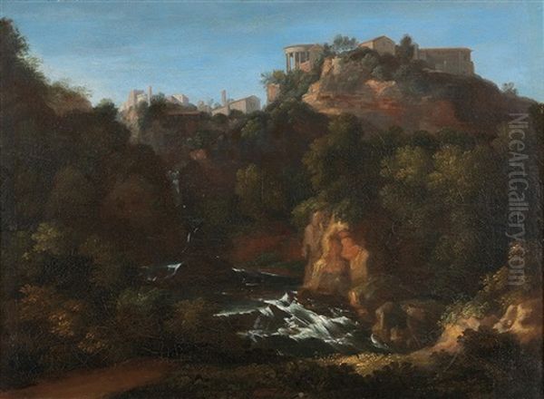 View Of Tivoli With The Temple Of The Sibyl (collaboration W/workshop) Oil Painting by Gaspard Dughet