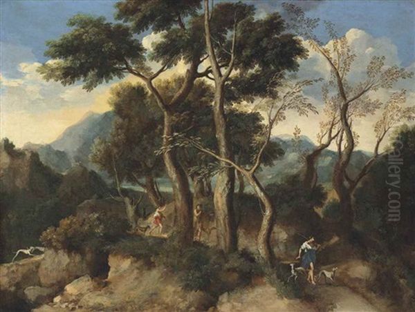 An Arcadian Wooded Landscape With Figures And Their Dogs On A Path, A Mountain Beyond Oil Painting by Gaspard Dughet