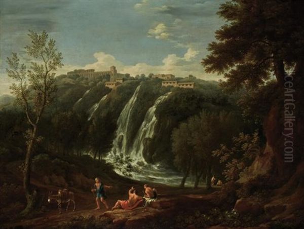 Travelers Resting Near The Falls Of Tivoli Oil Painting by Gaspard Dughet