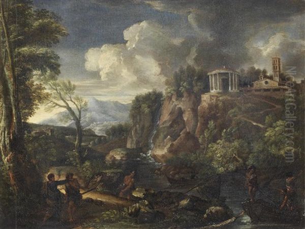 A View Of The Waterfalls At Tivoli With The Temple Of Vesta by Gaspard Dughet