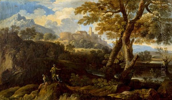 Classical Figures In Italianate Landscape With Walled City In Background Oil Painting by Gaspard Dughet