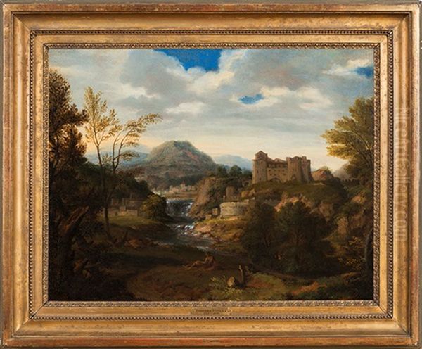 Paysage De Riviere Avec Un Chateau Et Un Berger Se Reposant by Gaspard Dughet