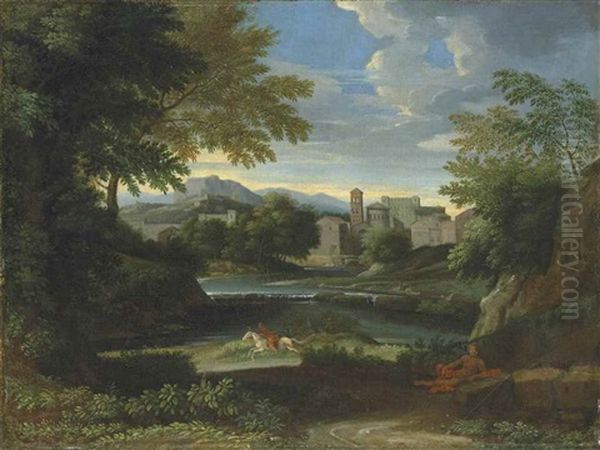 An Italianate Wooded Landscape With A Figure Resting By A Path And Another On Horseback By A River, A Town Beyond Oil Painting by Gaspard Dughet