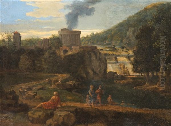 Landscape With A Burning Ancient Temple Oil Painting by Gaspard Dughet