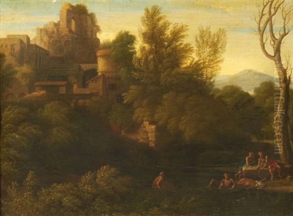 Paysage Boise De La Campagne Romaine Anime De Personnages Pres D'un Lac Oil Painting by Gaspard Dughet