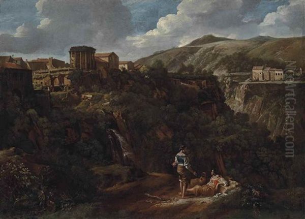 The Cascade At Tivoli, With Two Washerwomen Resting By A Path Oil Painting by Gaspard Dughet