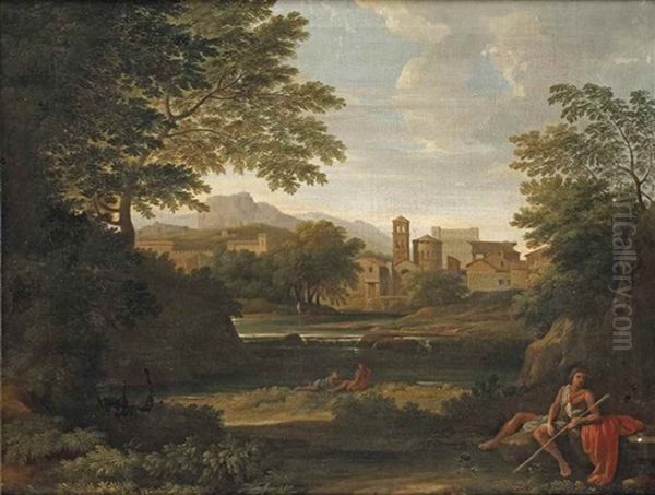 An Italianate River Landscape With Figures Resting, A Village Beyond Oil Painting by Gaspard Dughet