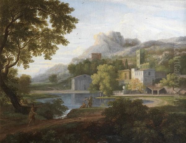 An Italianate Landscape With Figures By A Lake, A Village Beyond Oil Painting by Gaspard Dughet