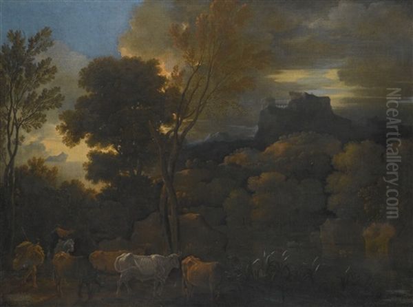 Two Men With Cattle In An Italianate Landscape, With A Ruined Castle On A Promontory In The Distance Oil Painting by Gaspard Dughet