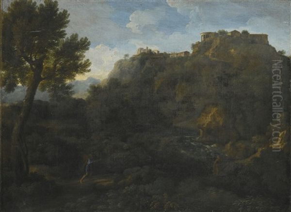 Landscape With A Fisherman Before Tivoli Oil Painting by Gaspard Dughet