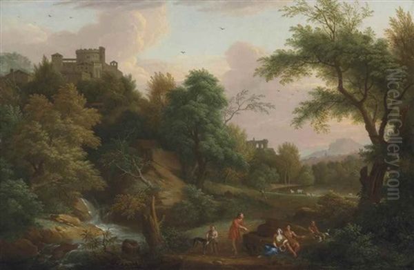 An Italianate Wooded Landscape With Figures Conversing By A Waterfall, A Castle Beyond Oil Painting by Gaspard Dughet