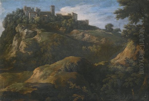 A Rocky Roman Landscape With A Hilltop Town Oil Painting by Gaspard Dughet