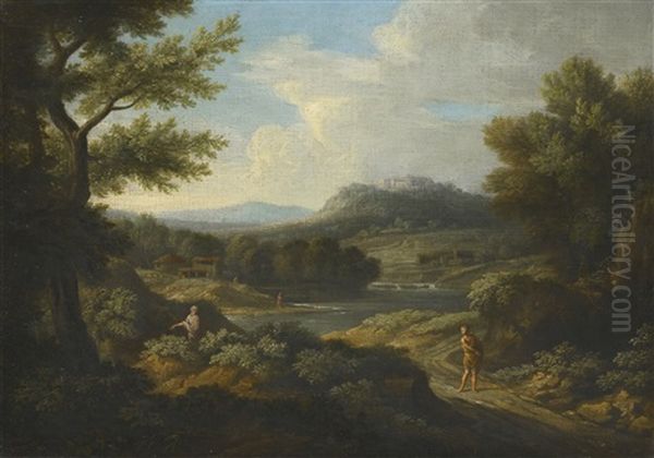 An Arcadian River Landscape With Figures In The Foreground And A Hilltop Castle Beyond Oil Painting by Gaspard Dughet