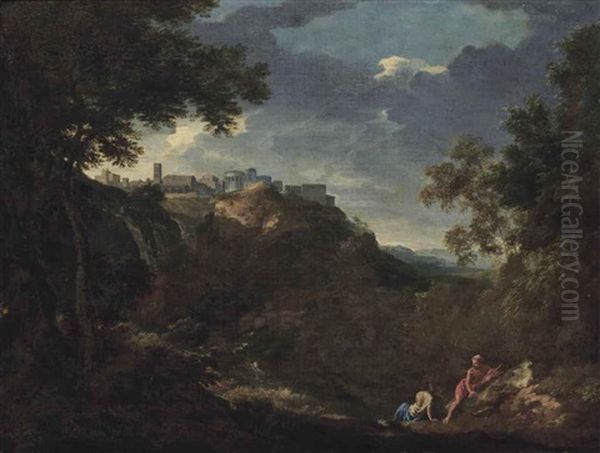 A View Of Tivoli With Classical Figures Conversing On A Shore Oil Painting by Gaspard Dughet