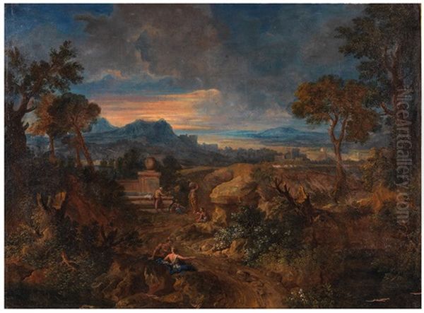 Paysage Romain Anime De Personnages Oil Painting by Gaspard Dughet