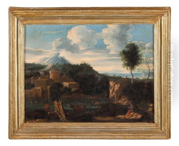 Paesaggio Con Paese Fortificato Oil Painting by Gaspard Dughet