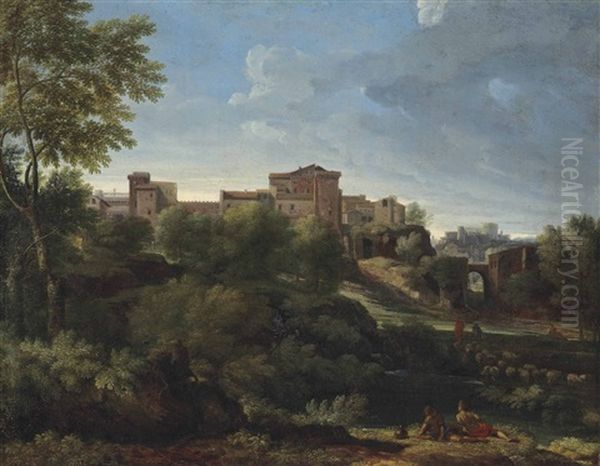 An Italianate Wooded Landscape With Figures At Rest, A Hilltop Town Beyond Oil Painting by Gaspard Dughet