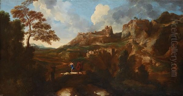 Wanderer In Einer Hugeligen Landschaft Oil Painting by Gaspard Dughet