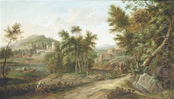 An Italianate River Landscape With Classical Figures, A Fortified Town Beyond Oil Painting by Gaspard Dughet