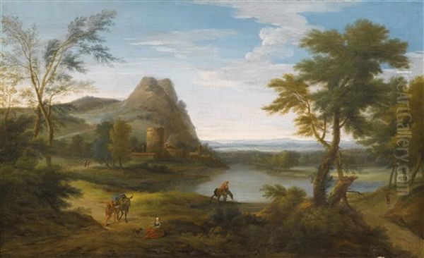 Figuren In Einer Flusslandschaft Oil Painting by Gaspard Dughet