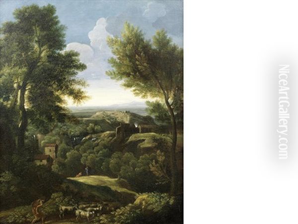 An Italianate Landscape With A Shepherd And His Flock In The Foreground, In A Carved Giltwood Frame Oil Painting by Gaspard Dughet