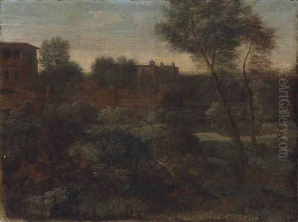 A Wooded Italianate Landscape With A Figure On A Path In The Foreground, A Town Beyond Oil Painting by Gaspard Dughet