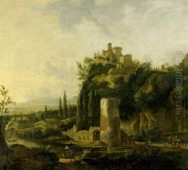 Landschaft Mit Kastell Und Turmruine, Im Vordergrund Eine Hirschjagd Oil Painting by Gaspard Dughet