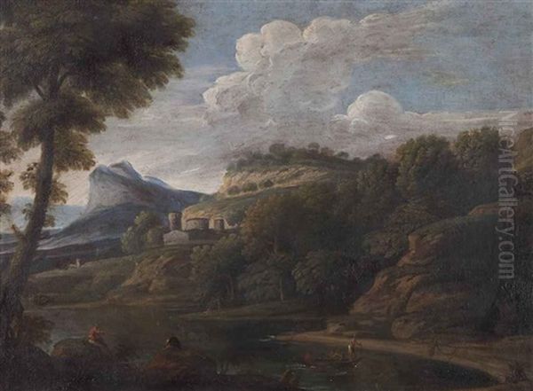 A River Landscape With Figures And A Mountain In The Distance Oil Painting by Gaspard Dughet