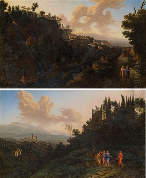 Ansicht Von Tivoli Mit Dem Tempel Der Sibilla Tiburtina Und Dem Grosen Wasserfall Im Vordergrund (+ Ansicht Einer Festung (castel Gandolfo?) In Latium (pair) Oil Painting by Gaspard Dughet