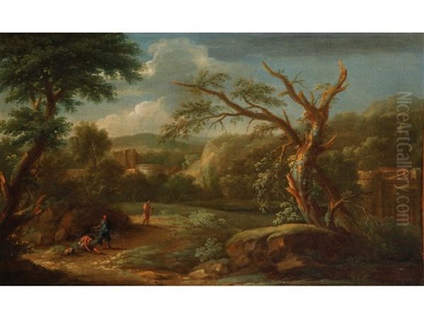 Figures In An Italianate Landscape With Ruins Oil Painting by Gaspard Dughet