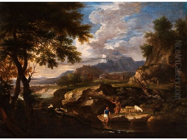 Felsige Landschaft Mit Hirten An Einem Flusslauf Oil Painting by Gaspard Dughet