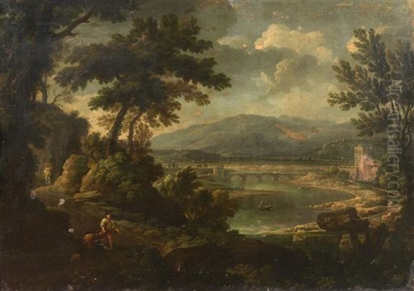 Promeneurs Devant Un Paysage De Riviere Oil Painting by Gaspard Dughet