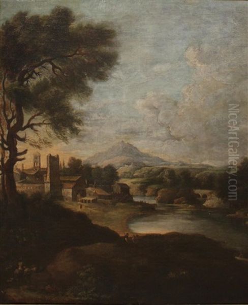 Landscape With Figures In The Foreground And Village Beyond Oil Painting by Gaspard Dughet