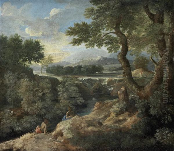 Figures Conversing In An Arcadian Landscape, With A Walled City In The Distance Oil Painting by Gaspard Dughet