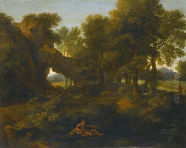 A Classical Landscape With A Fisherman In The Foreground And A Herder With Goats On The Path Beyond Oil Painting by Gaspard Dughet