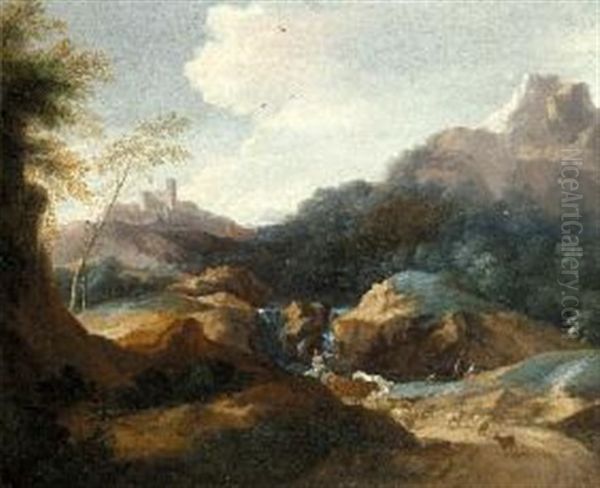 Paesaggio Con Torrente, Pastori E Fortezza Sullo Sfondo Oil Painting by Gaspard Dughet