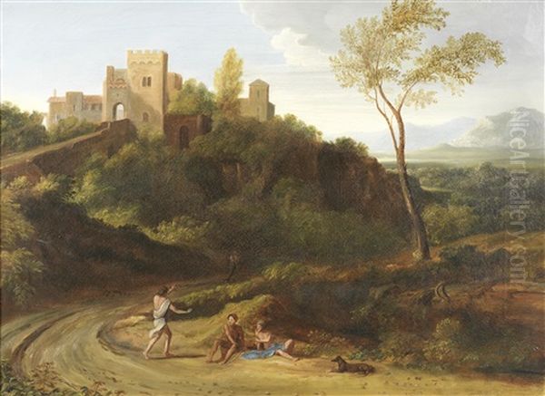 An Italianate Landscape With Figures Resting And A View Of Tivoli Beyond (+ A Shepherd And His Flock In An Italianate Landscape; Pair) Oil Painting by Gaspard Dughet