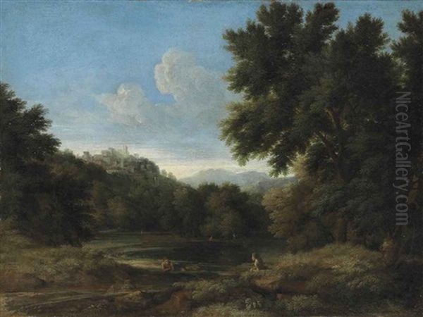 A Wooded River Landscape With Figures Resting, A Town On The Mountains Beyond Oil Painting by Gaspard Dughet