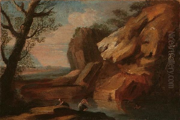 Paesaggio Roccioso Con Laghetto E Nuotatore Oil Painting by Gaspard Dughet