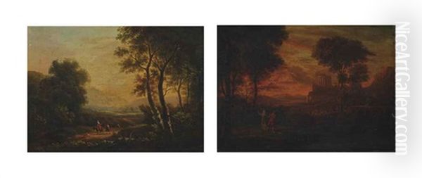 Travellers In A Wooded Landscape (+ Classical Figures In An Arcadian Landscape; Pair) Oil Painting by Gaspard Dughet