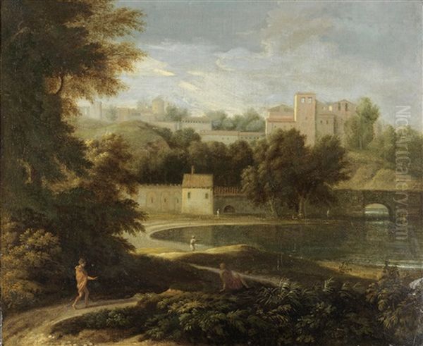 Figures Walking By A Lake, With A Fortified Village Beyond Oil Painting by Gaspard Dughet